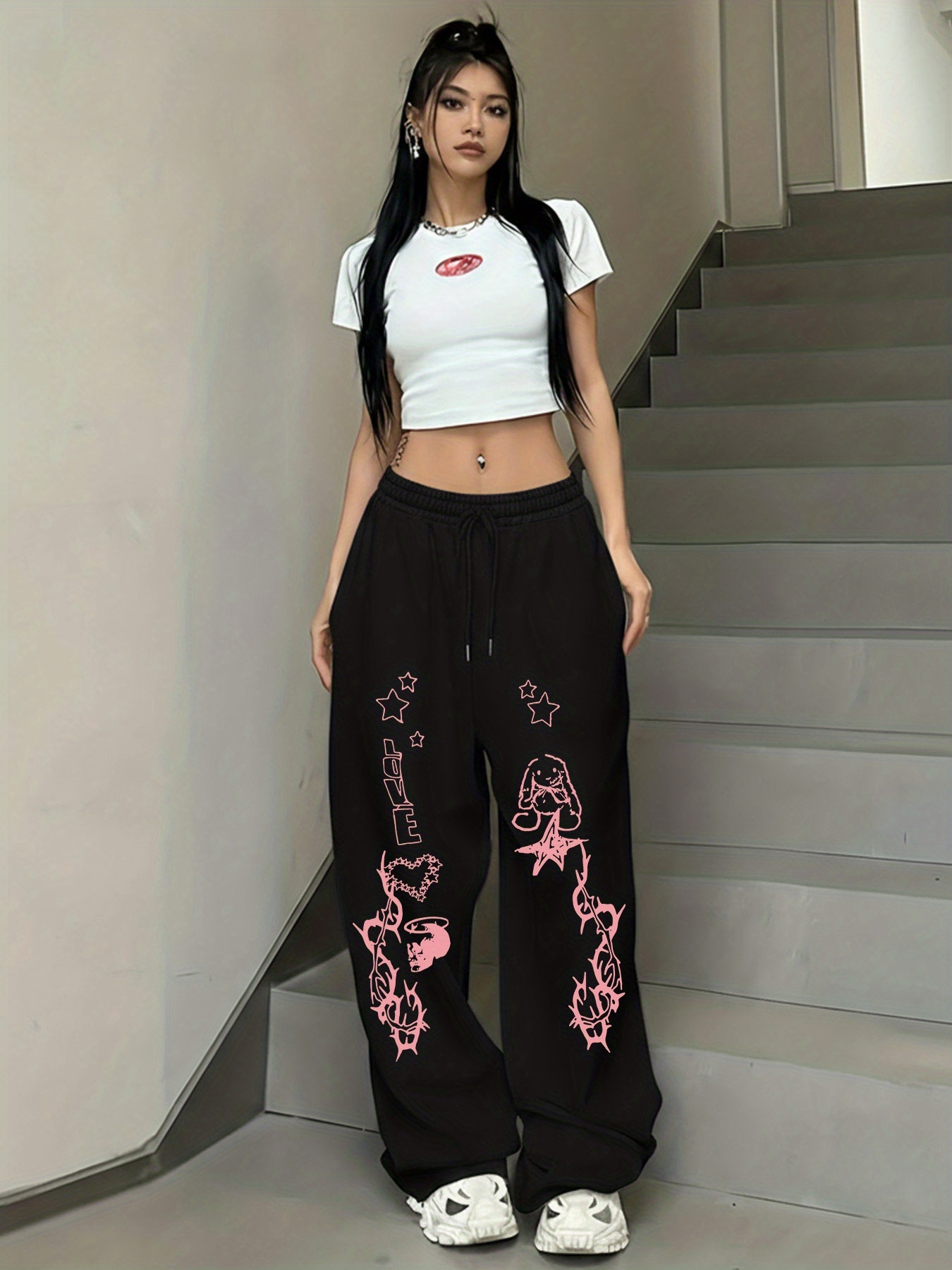 item picture star and     joggers with drawstring elastic waist   trendy womens straight leg pants