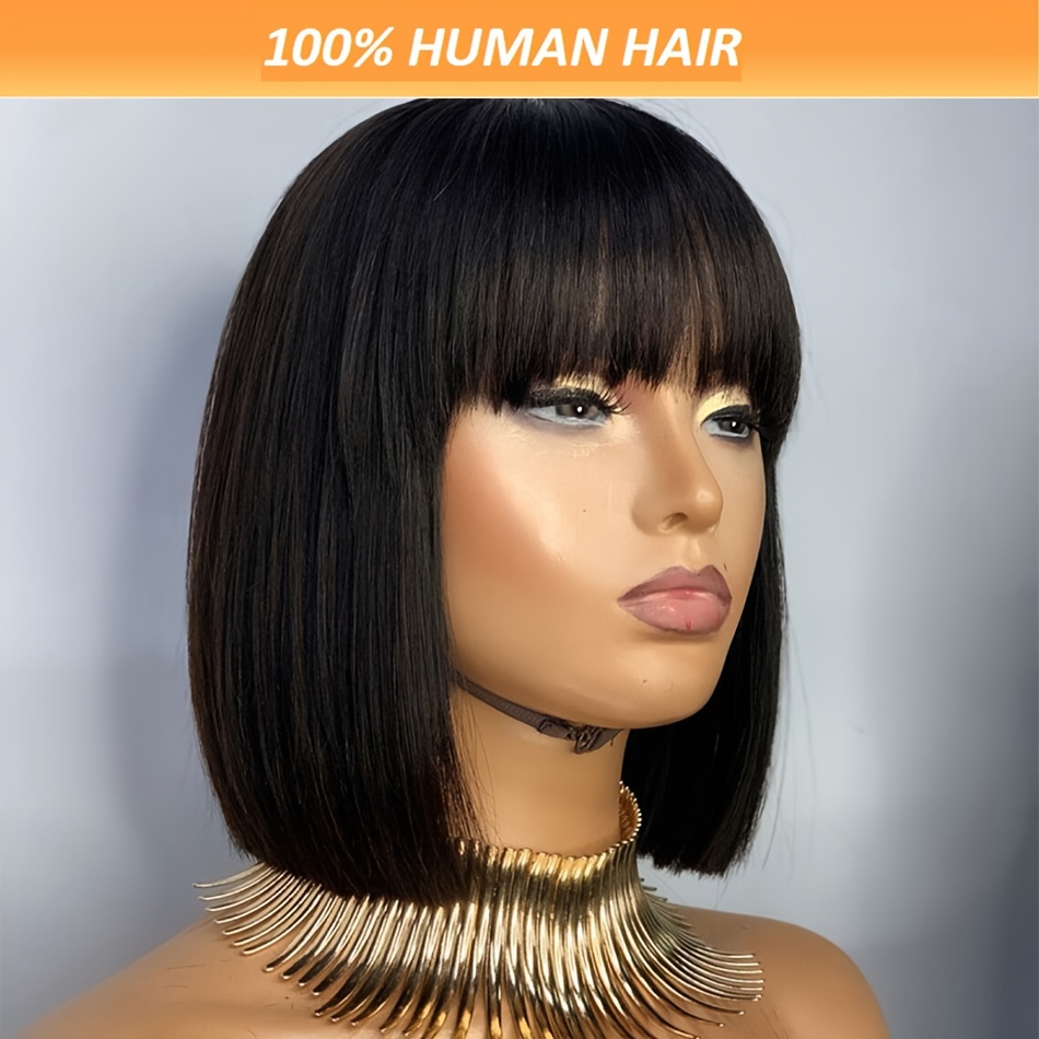 

Straight Short Bob Human Hair Wigs With Bangs Brazilian Remy Hair Black Full Machine Made Glueless Wigs With Fringe 180% Density Wigs For Women Human Hair