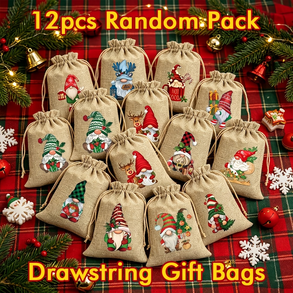 TEMU Cadeau pour elle/lui 12/24pcs Sacs à cordon en lin pour fête de Noël avec de gnomes de Noël aléatoires pour cadeau de Noël, rangement de bijoux