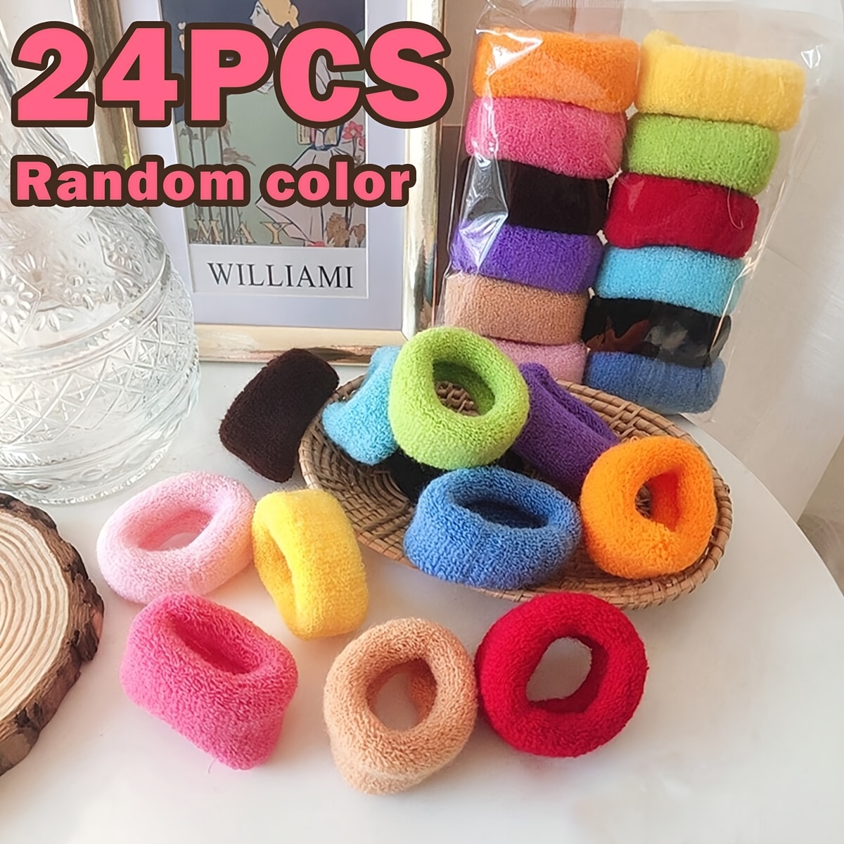 TEMU 24pcs Random Colors Large Colored Towel Scrunchies, High Elasticity Thickened Towel Rings, Thickened Hair Ties For Ponytails, Suitable For Daily