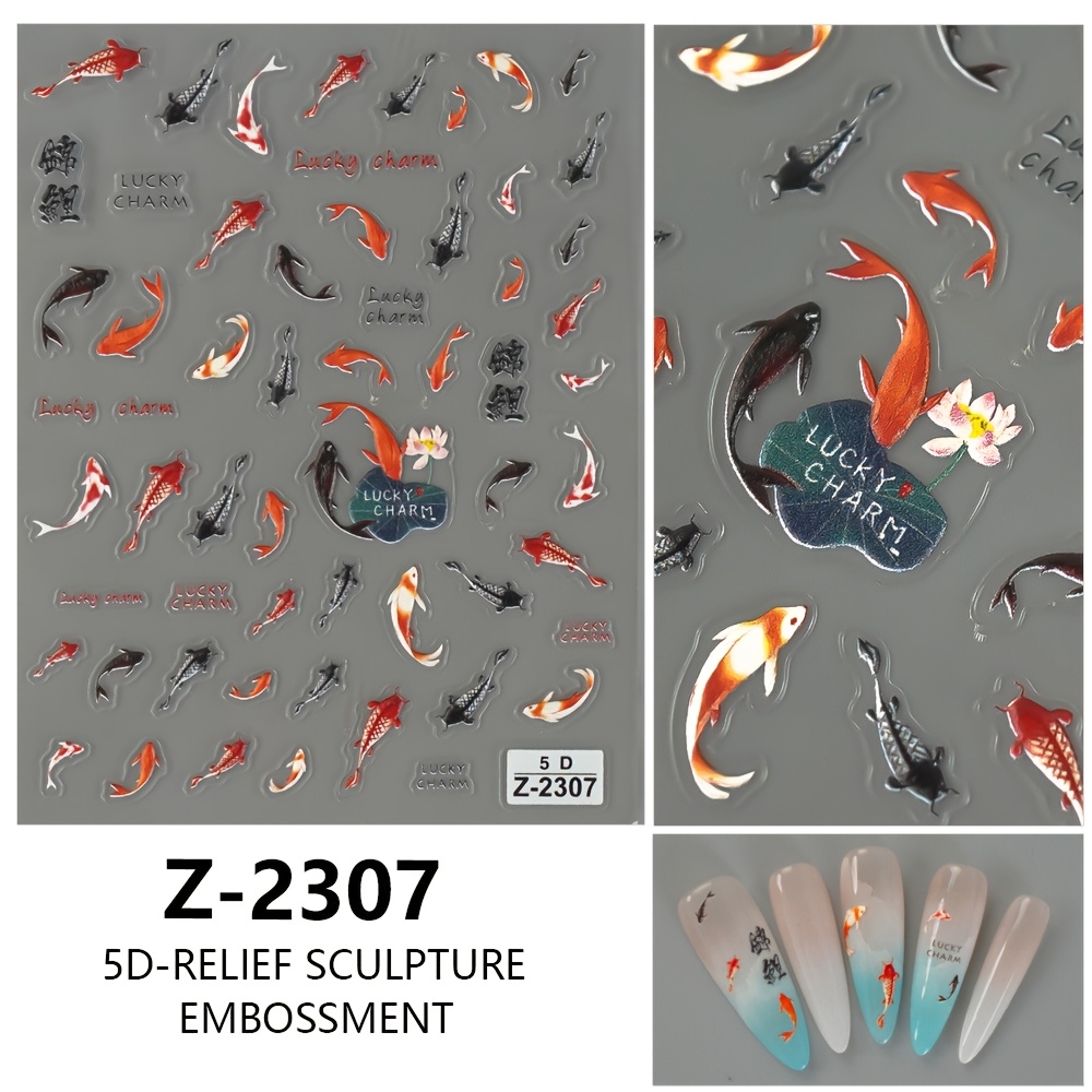 New 5d Embossed Nail Stickers Featuring Koi Fish With -dimensional Adhesive Backing