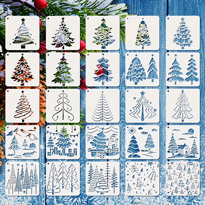 

25pcs Christmas Tree Stencils - Reusable Plastic Craft Snowman Painting Drawing Template Plastic Snowman Template Diy Wall Wood Window Furniture Fabric Decor (), Merry Christmas Tree Deer Gift (white)