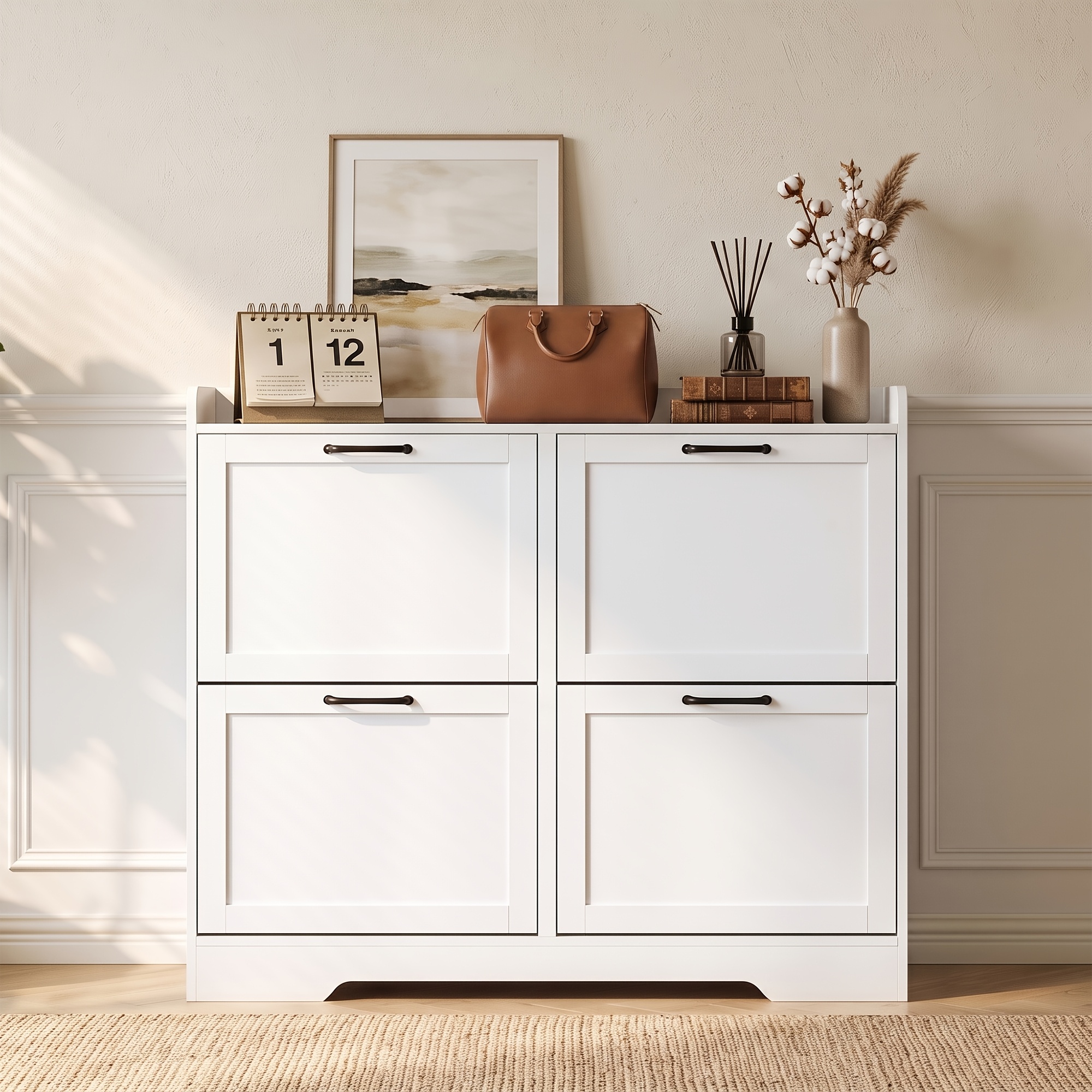 Image of Shoe Cabinet With 4 Flaps And Adjustable Shelves, White | Shoe Rack White, For Hallway &