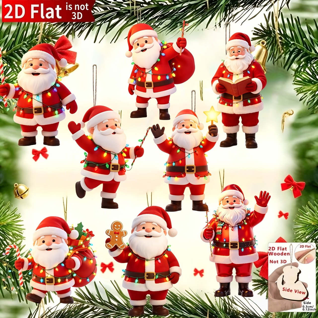 TEMU 2d Flat, 2d Flat 8pcs Duoyang Santa Claus Christmas Hanging Ornaments, Classic Holiday Element Printed Design Decorations, An Excellent For