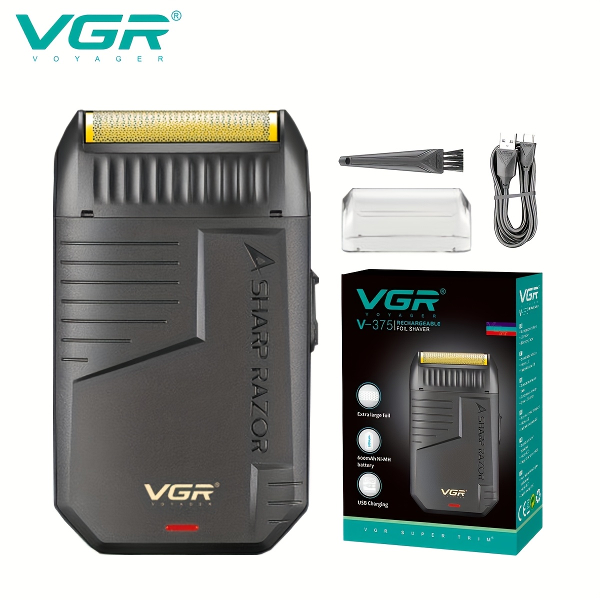 TEMU Vgr V-375 Usb Rechargeable Professional Men's Electric Shaver - Black Minimalist Cordless Trimmer With Side-comb, Beard Trimmer, The For Men