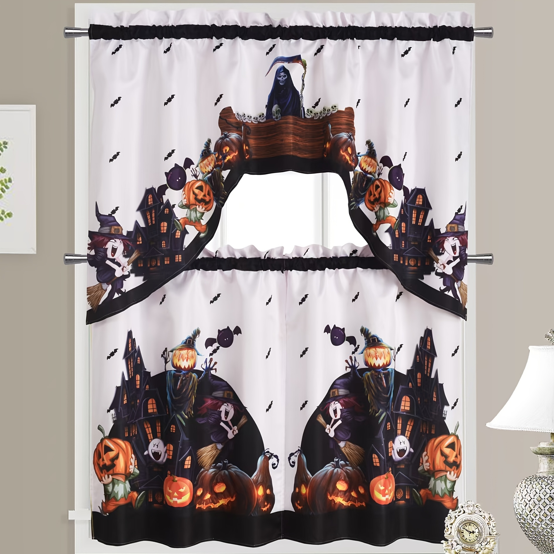 1 Set of 3pcs Halloween Pumpkin Skull Print Polyester Kitchen Curtains - Layered Curtain Set for Kitchen, Dining Room, Bathroom, Living Room, Villa, Wedding & Party Decor