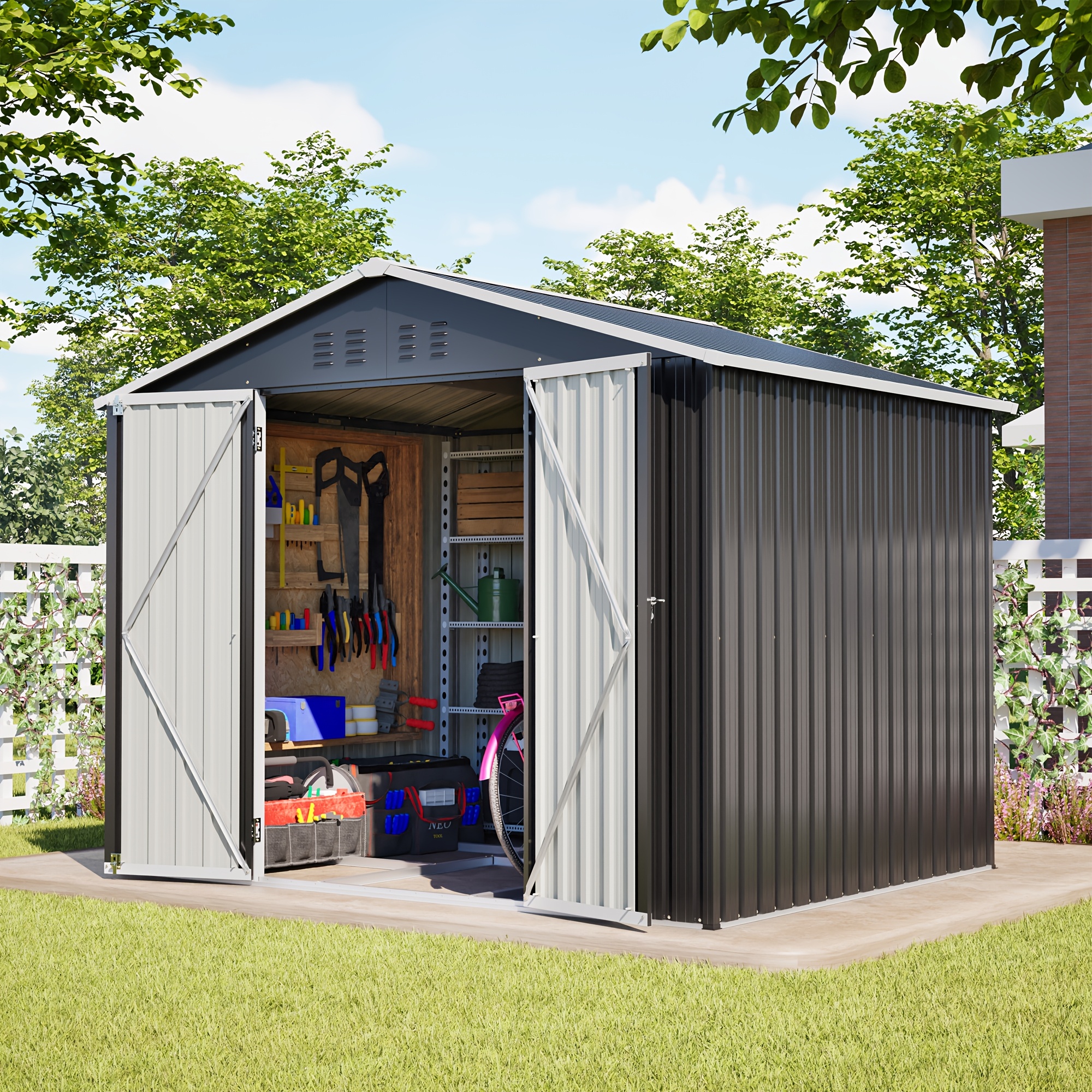 230x180cm Metal Outdoor Storage Room | Grey, Galvanized, Storage Shed For Backyard Patio Lawn, , Temporary And Removable