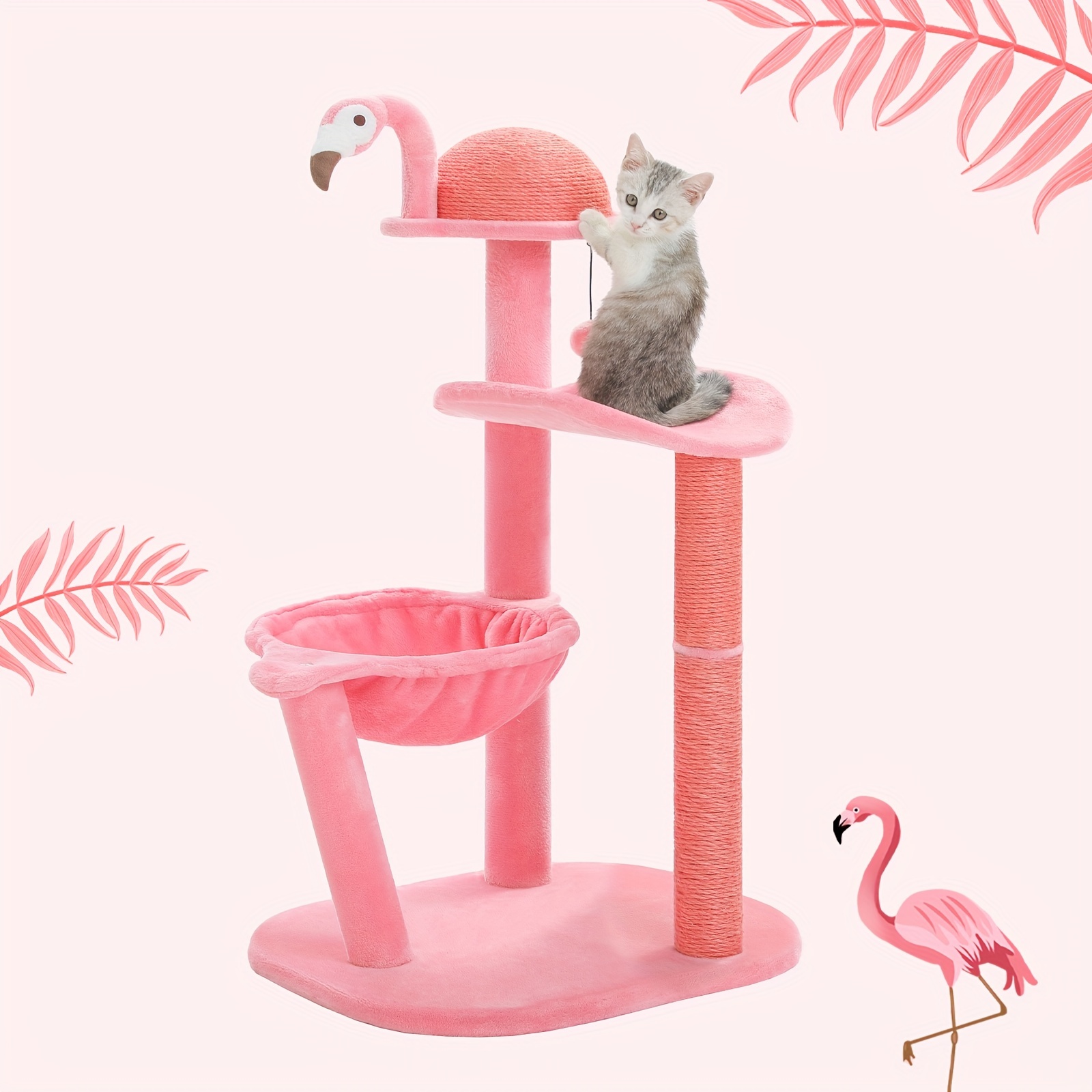 

34.2" Flamingo Cat Tree For Indoors, Cute Pink Cat Tower With Sisal Scratching Posts For Small Cats And Kittens, Cat Tree Scratcher With Perch, Large Hammock And Dangling Ball, Pink