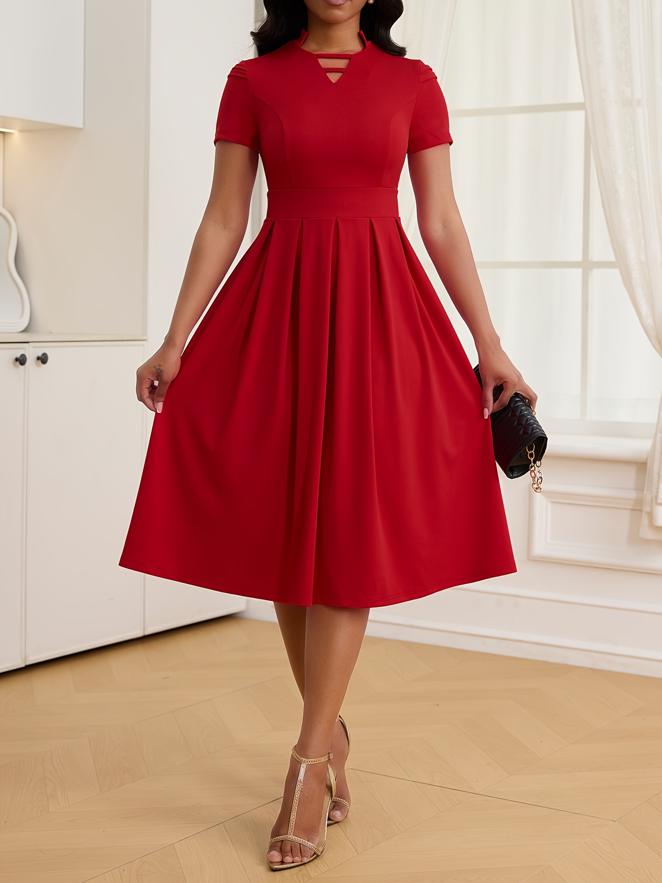 Elegant Red Midi Dress for Women Fit, Short Sleeve, Knee-Length with  Zipper Detail, A-Line Silhouette Casual or Formal Occasions,