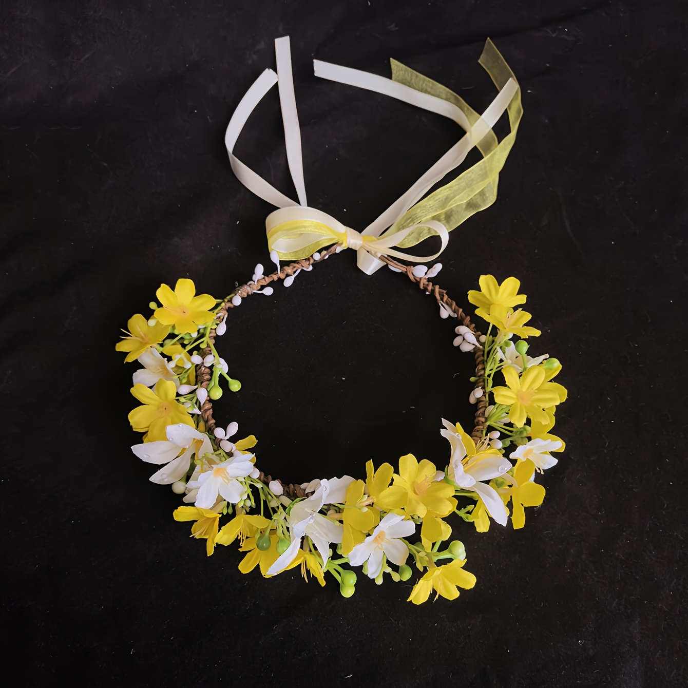 TEMU 1pc Yellow Artificial Flower Wreath Headband, Handmade Design, Suitable For Beach Vacations, Outdoor Picnics, Wedding Photo Shoots, And Other