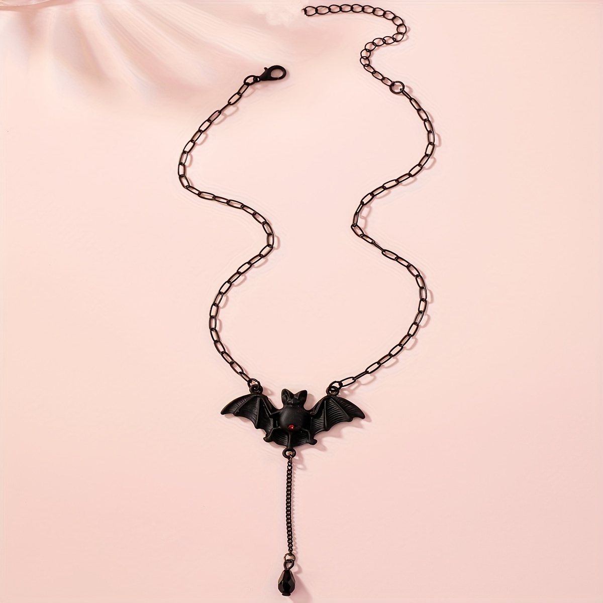Vintage Gothic Bat Pendant Necklace with Red Gemstone Eyes