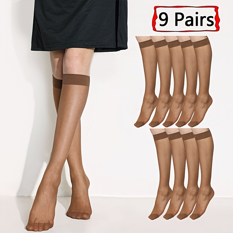 TEMU 9 Paar Damen Plus Size Durchsichtige Kniestrümpfe - 20D Nylon, Weiche Hoch-Elastische Verstärkte Zehenpartie, Modische Oberbekleidung für Damen,