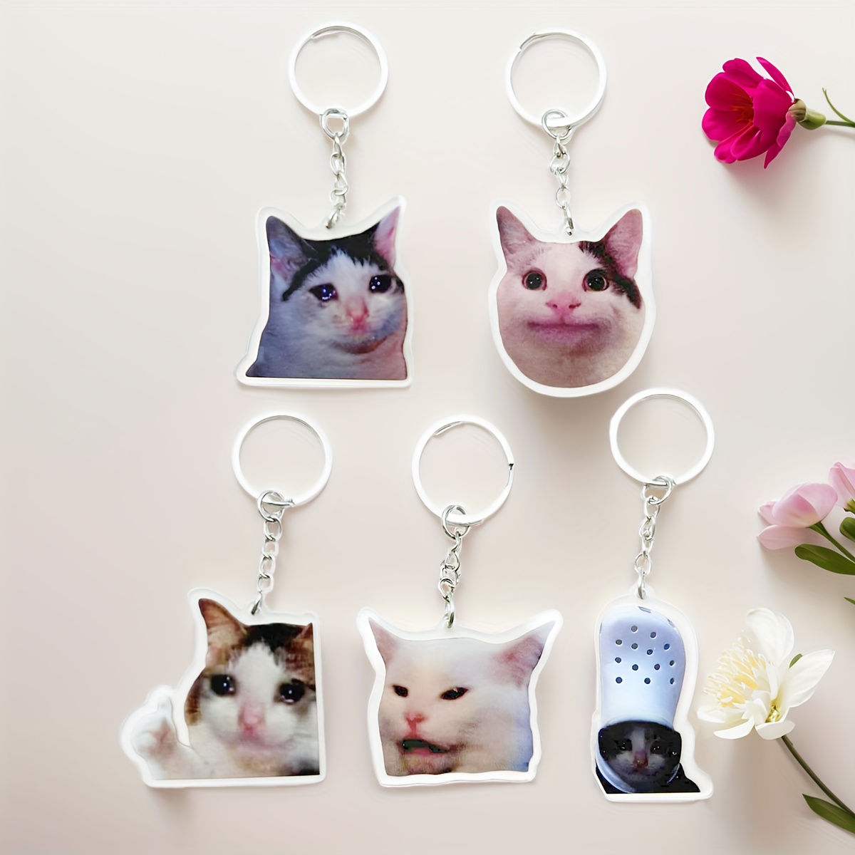 

1/5pcs Sets Sad Cat Cute Acrylic Keychain Cartoon Funny Small Animal Keyring For Women's Bag Pendant Charm Key Chains Party Gift