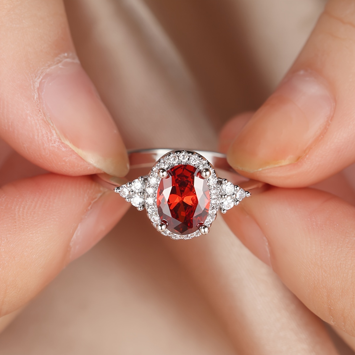 Red Oval Stone Ring with Accents Minimalist Thin Band Wedding Jewelry