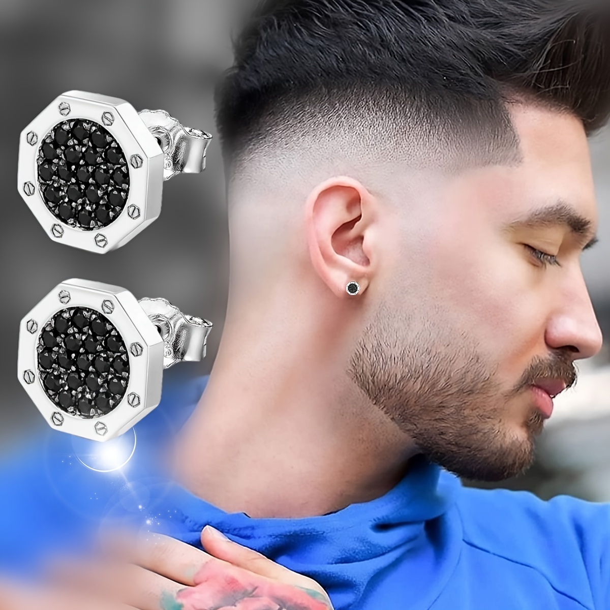 

1 Pair Punk Black Cubic Zirconia Octagon Stud Earrings For Men, Unisex Silvery Plated Copper Stud Earrings, Party Birthday Gift