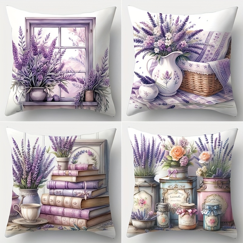 TEMU 4pcs Cozy Lavender & Vintage Items Pillow Covers - Soft, Decor With Zipper Closure, 17.72x17.72in, Polyester, Machine Washable For Living Room,