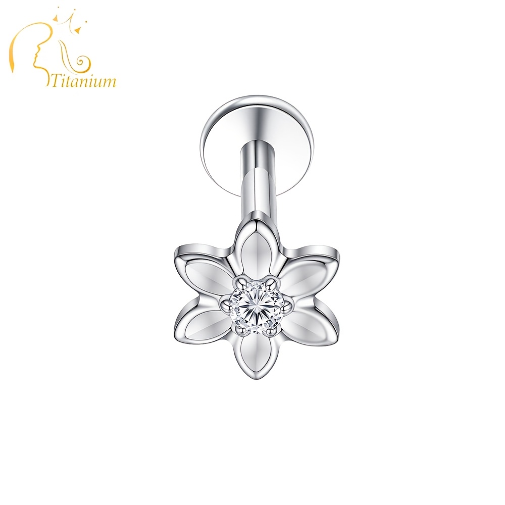 TEMU G23 Titanium Alloy Flower 5a Zirconia Stud Earrings 16g Hypoallergenic Anodized Daisy Flat Back Ear Bone Studs Nose Lip Piercing Jewelry