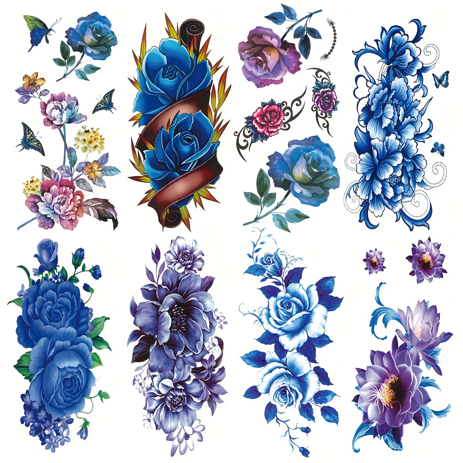 

easy-apply" 8-piece Waterproof Temporary Tattoos - Blue & Purple Roses, Lotus Flowers & Butterflies | Long-lasting Fashion Arm Stickers For Women