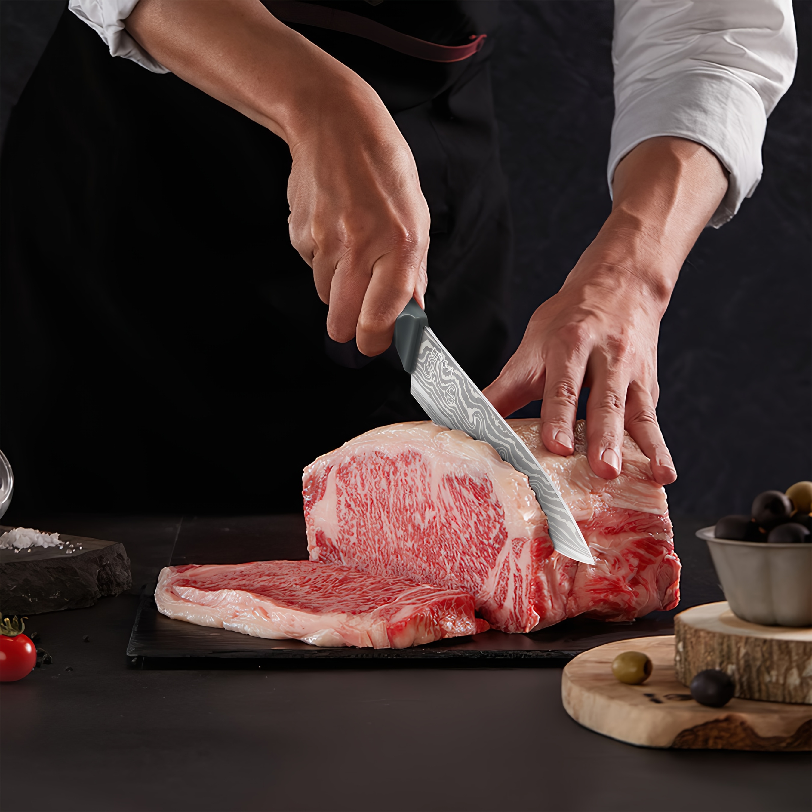 Damascus Patterned Stainless Steel Knife Set, Professional Kitchen Knife Collection, Chef'S Knife, Slicing Knife, Peeler, And Scissors, Made of High-Carbon Stainless Steel with Ultra-Sharp Blades, Featuring Non-Stick Ergonomic ABS Handles, Perfect for Home Use, Travel, And As a Gift Set.