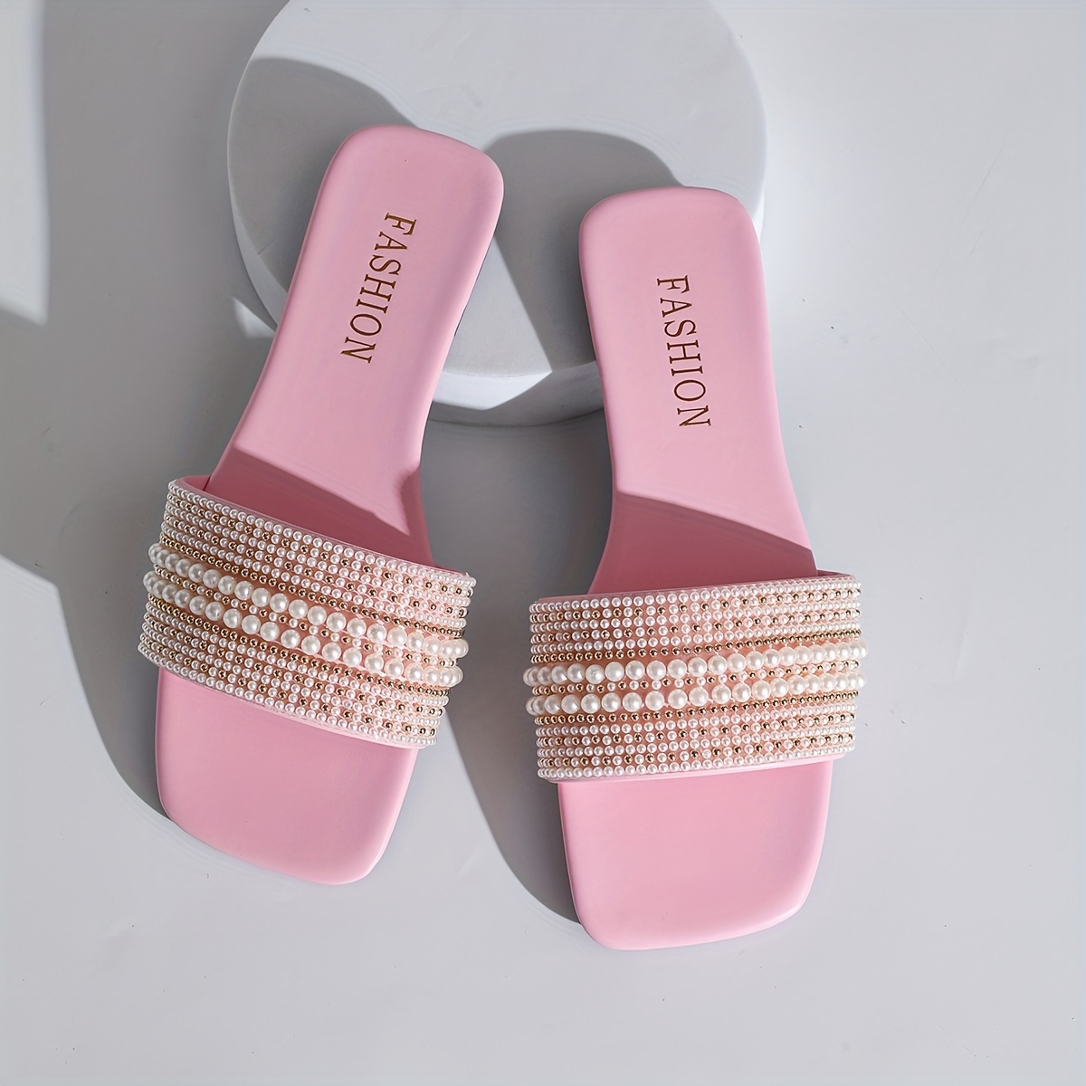 women's pink flat sandals pearl embellishments Temu Bahrain