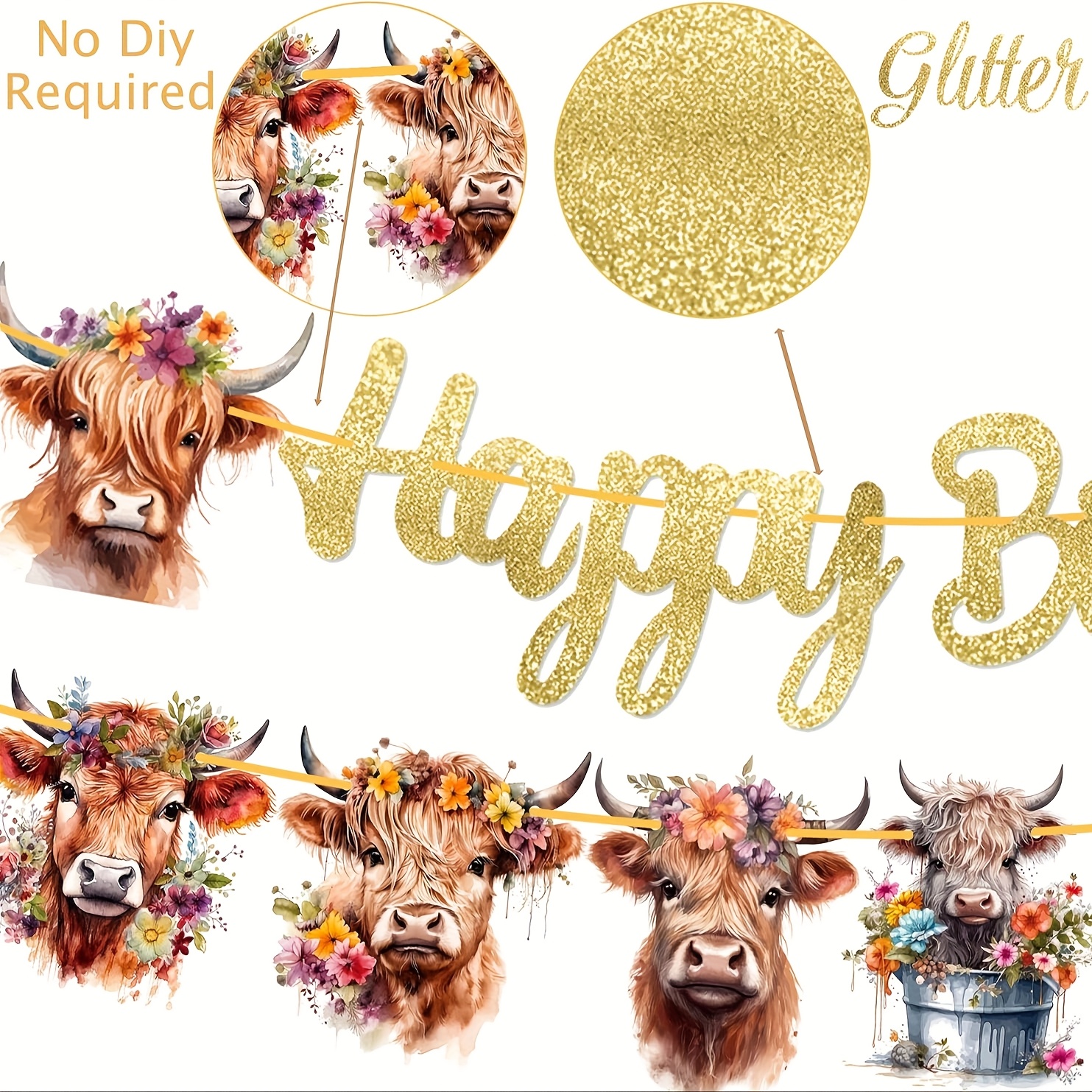 Image of 1 Set Happy Birthday Banner - Highland Cow Print Party Decorations, Suitable For Farm, Baby Shower, Golden Glitter