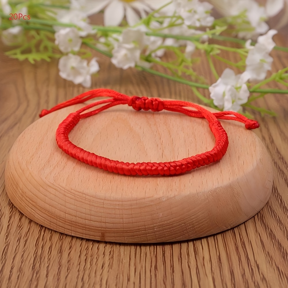 TEMU 10/20pcs Set Vintage Red Tibetan-style Knotted Rope Bracelet – Adjustable Wedding Accessory, Year Gift, Made Of Synthetic Fiber, Handcrafted,