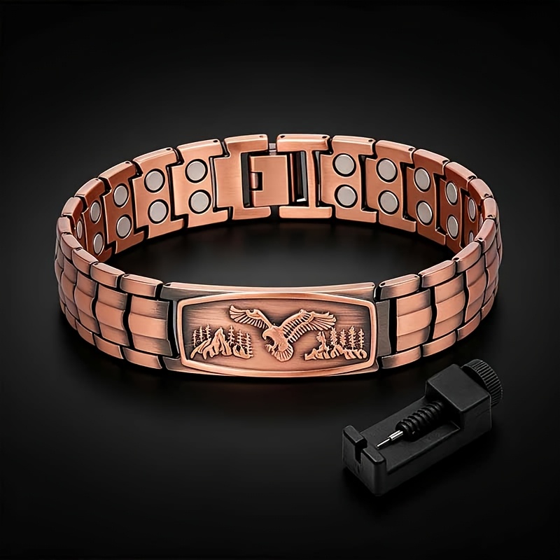 TEMU Bracelet en cuivre deux pièces pour homme et outil de réglage de taille, bijoux magnétiques en cuivre pur 99,99 % | Aimant puissant de 3500 ,