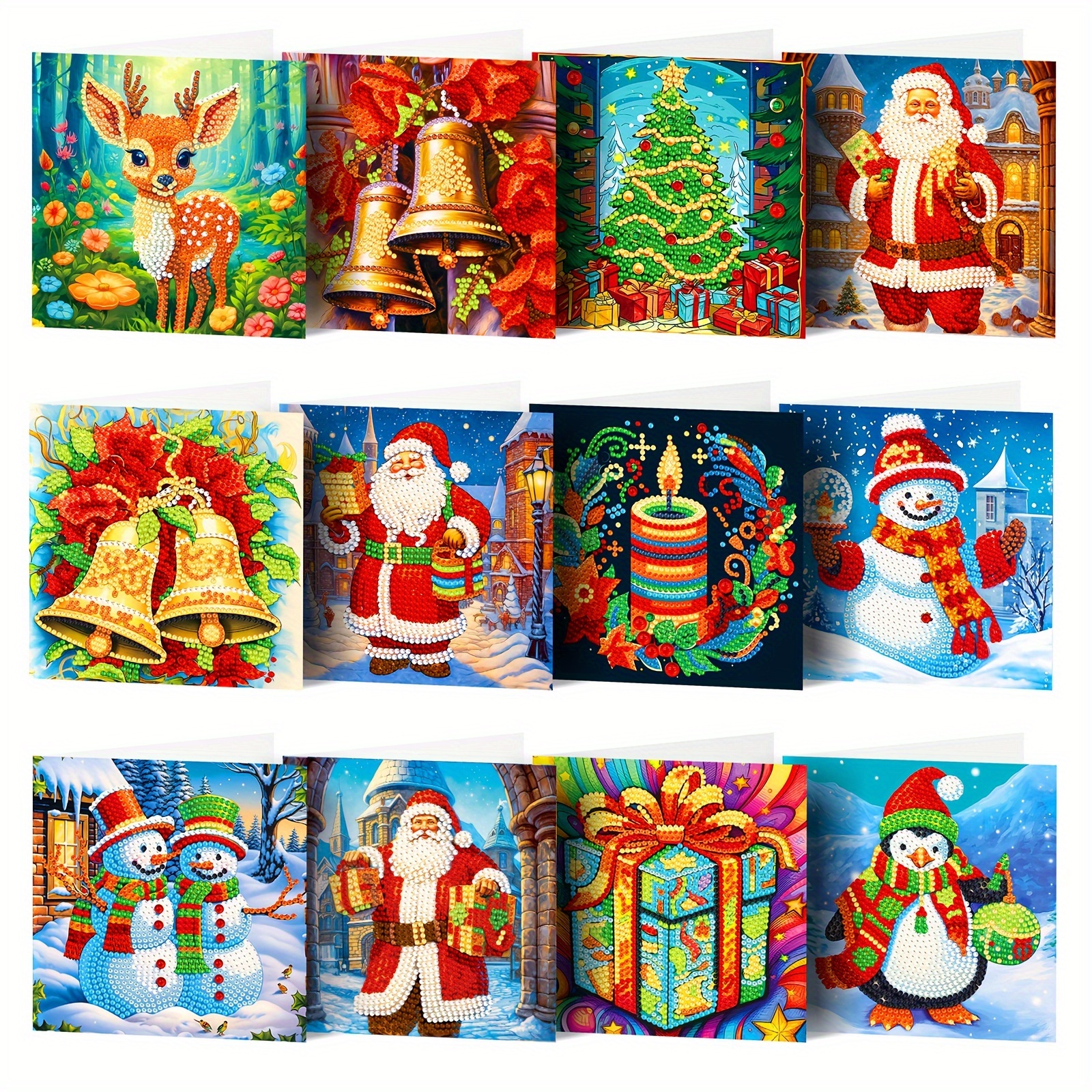 TEMU 12-pack Diamond Painting Art Kits For Adults, Diy Festive Handcrafted Seasonal Greetings, Paint-by-number Paper Material, Holiday Party Wishes,