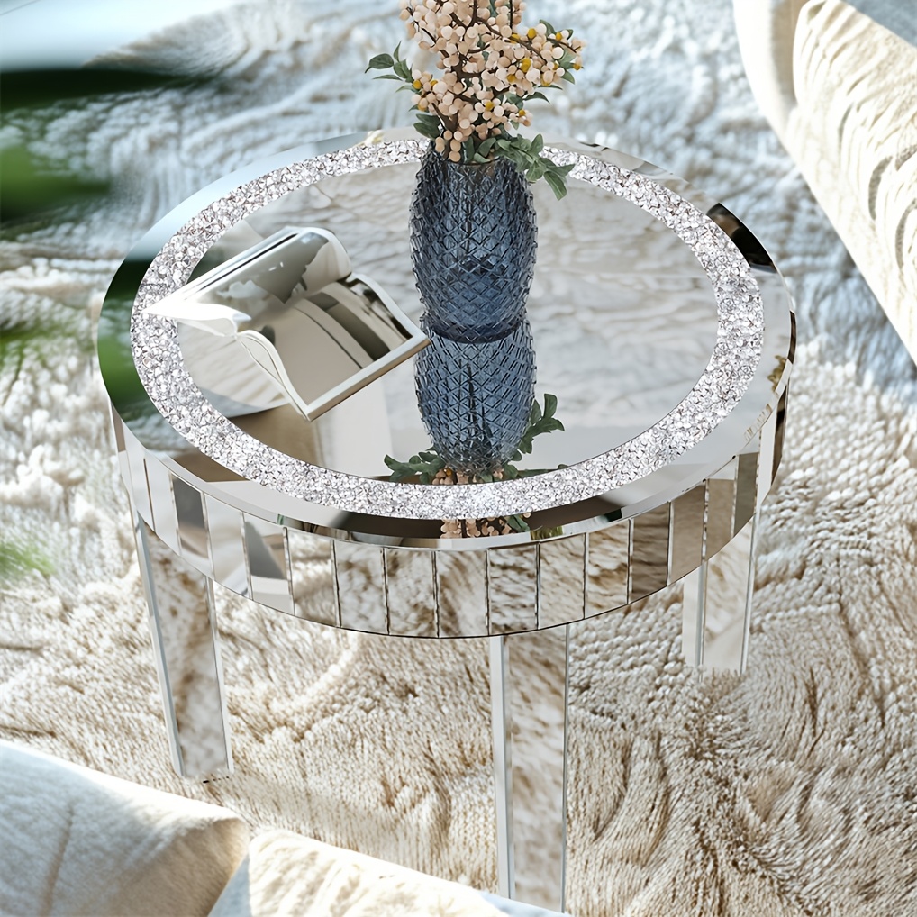 AESOME 23.62'' Mirrored Round Coffee Table for Living Room Modern Glass Accent Table with Crystals Inlay Silver Sofa Accent Table for Home & Office