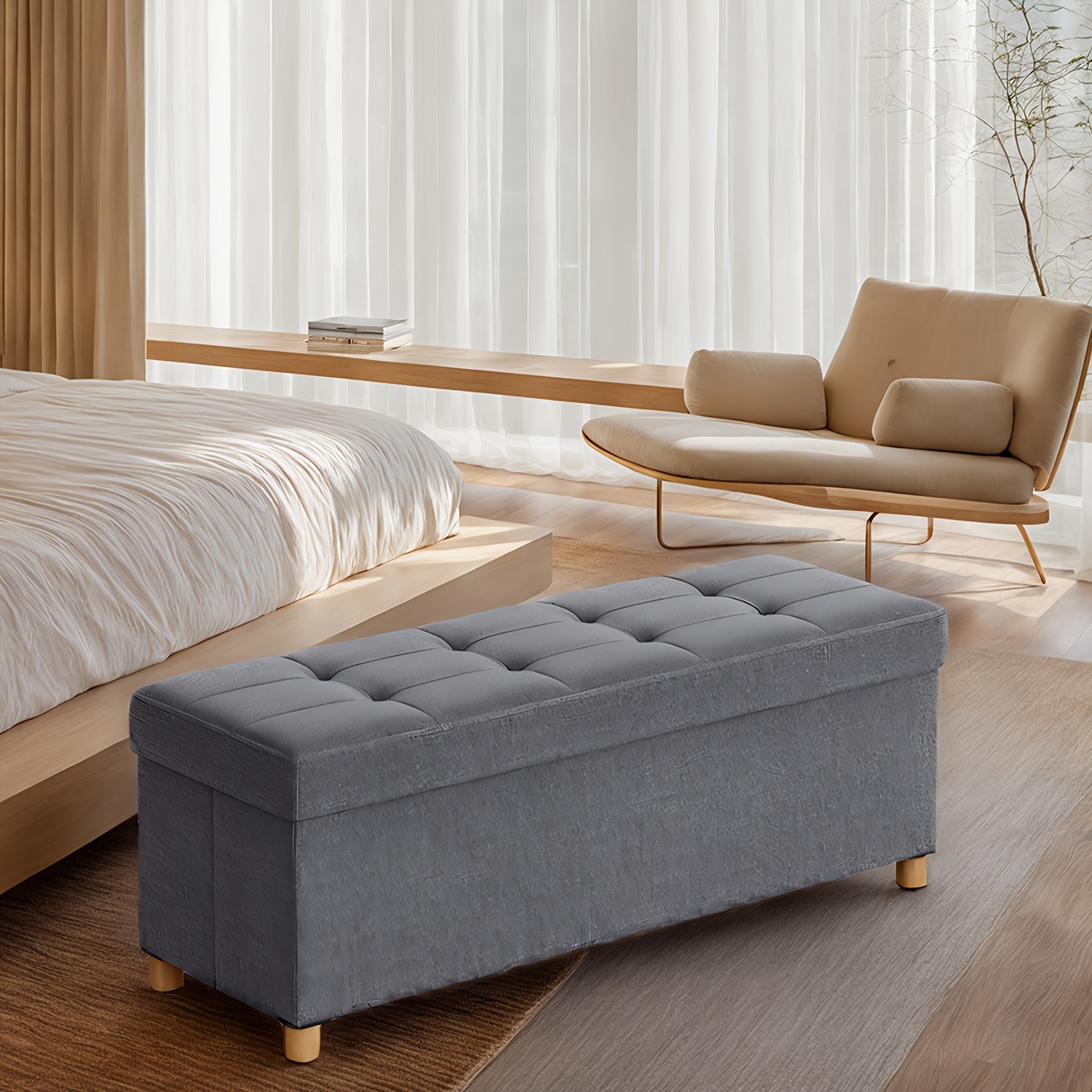 E-shop Stauraum-Ottomanenbank, Faltbare Fußstütze mit Massivholzbeinen, 38 x 110 x 40cm, Bettendbank für Wohnzimmer, Schlafzimmer, Eingangsbereich