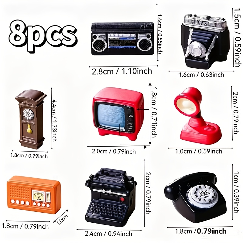 TEMU 8pcs, Vintage Miniature Ornament Set - Retro Telephone Record Clock Mini Models, Dollhouse Furniture Additions, Desktop Nostalgic Decor Small