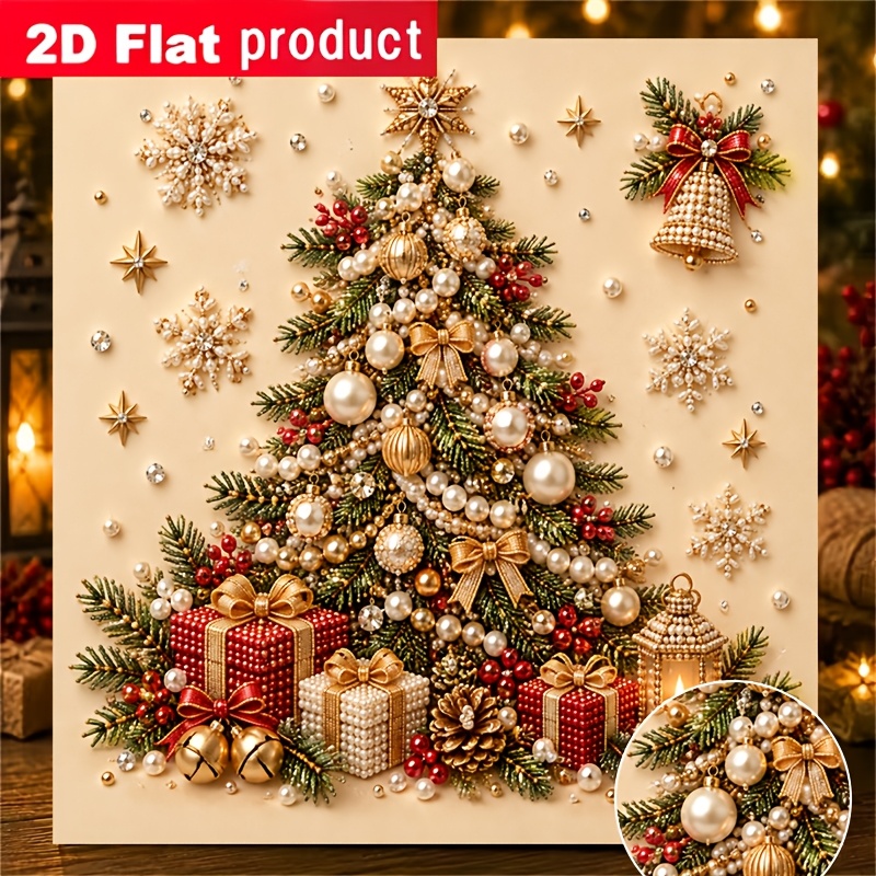 TEMU New Colored Pearl Diamond Painting Kit, Golden Christmas Tree And Red Gift Box Snowflake Bell Diamond Decorative Painting, Suitable For