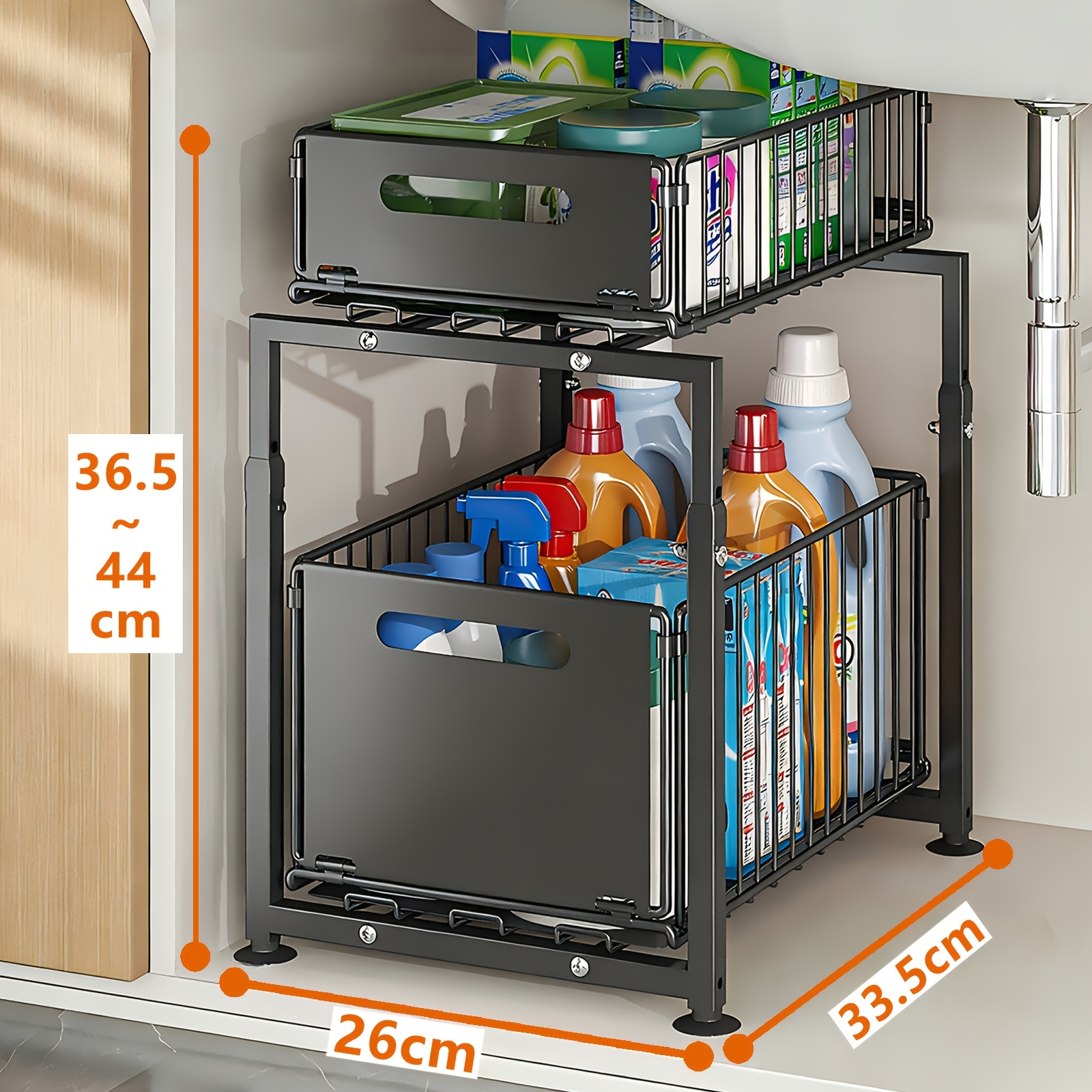 2-tier Pull-out Cabinet Organizer, Metal Slide-out Basket For Kitchen Cabinet, Pantry, Side Cabinet, Height-adjustable Cabinet Storage, No Drilling Required, Black