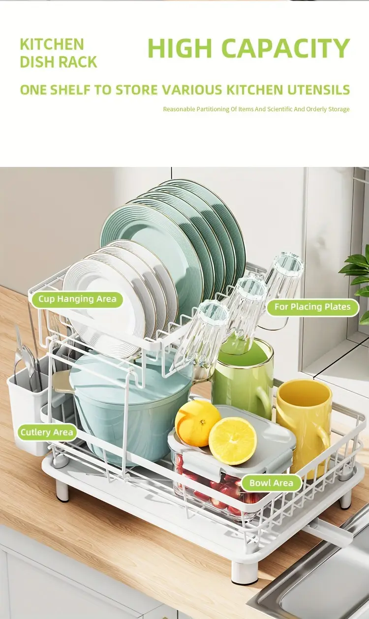 2 tier dish drying rack with drain tray and swivel drip spout multifunctional kitchen countertop storage organizer metal and plastic cup holder and cutlery holder space saving plate rack for home and apartment use 1pc Product details 1