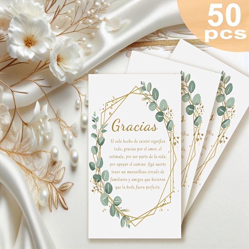 TEMU 50 piezas de tarjetas de agradecimiento de lujo con hoja de eucalipto para española, tamaño 3.5x2in, diseño de hoja de eucalipto + geométrico