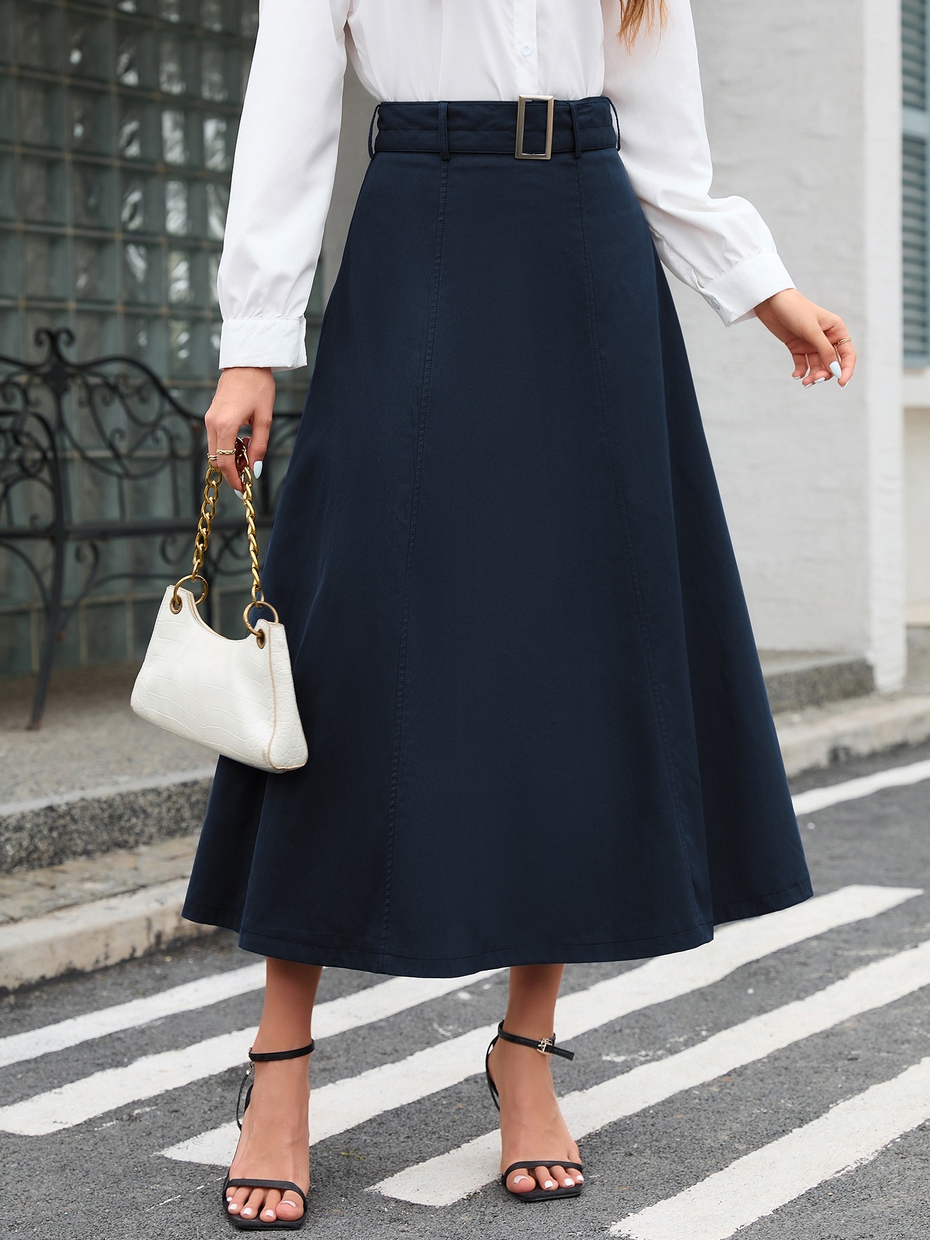 womens high waist a line midi skirt navy blue belted flowy Temu