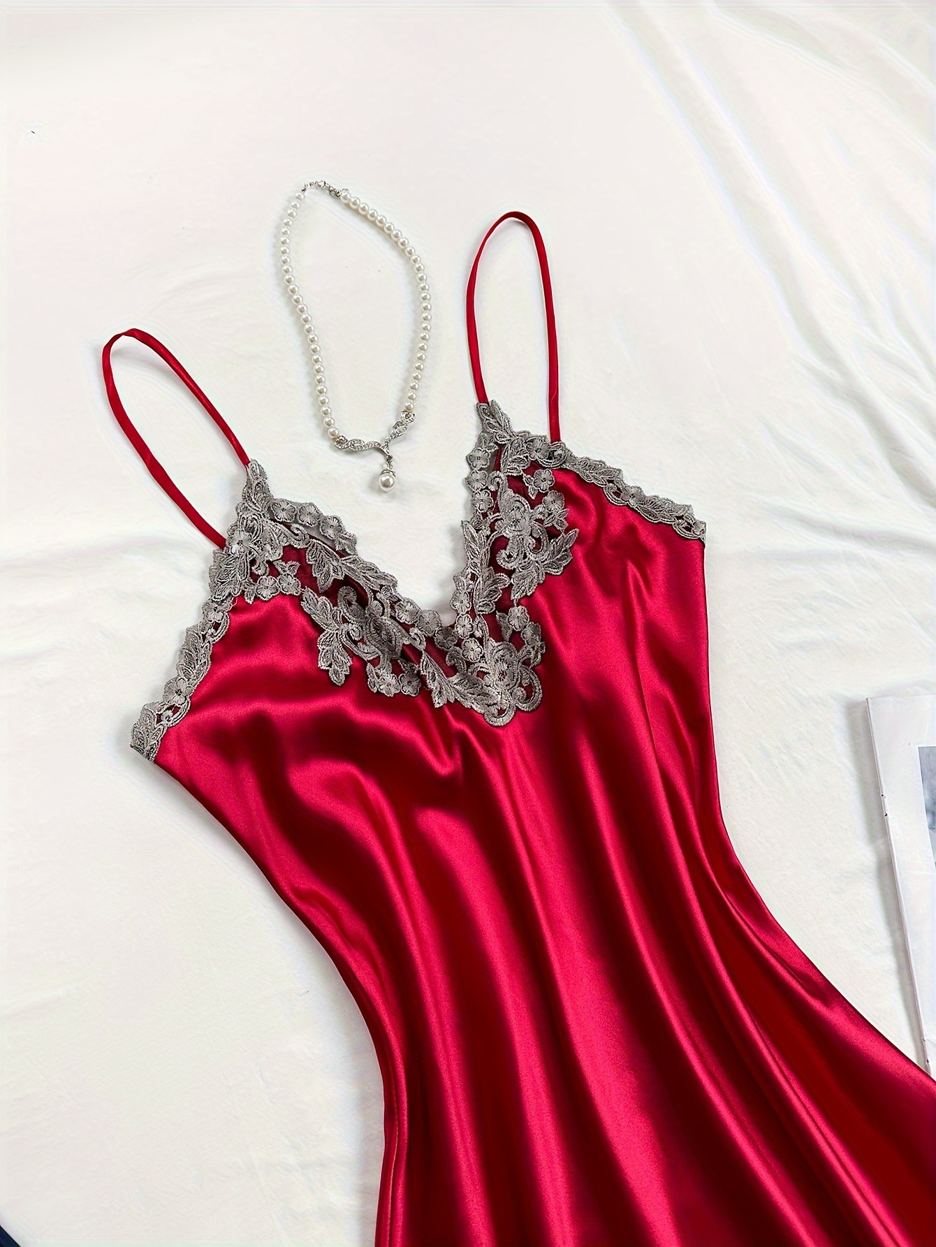 womens long lace satin camisole nightgown two - Temu