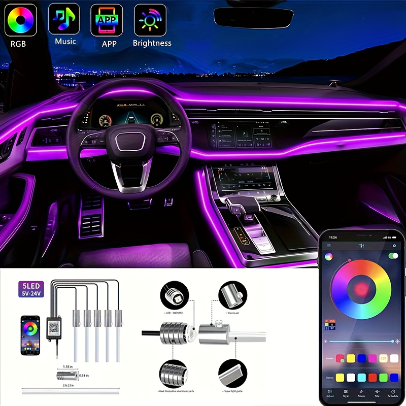 

A Set Of Led Strip Lights Inside The Car, Rgb 5-in-1, With 236-inch Fiber Optic, Ambient Lighting Kit, And App Colored Car Neon Lights