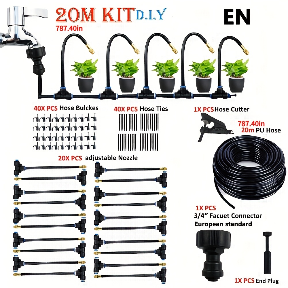 E-shop 20m Universelles Mikro-Tropfbewässerungs-Set mit verstellbarer 7,87"-Nebeldüse – Automatisches Bewässerungssystem für Balkon, Gewächshaus,