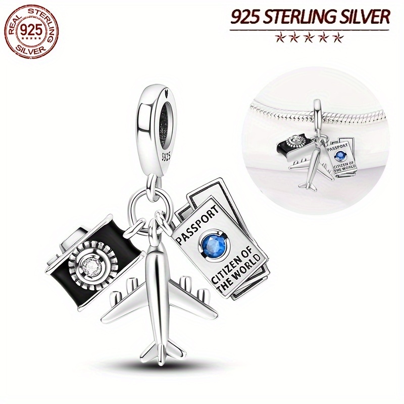 

925 Sterling Silver Charm Set, 3pcs Camera, Airplane, Passport Pendant Beads, 3mm, For Diy Bracelet & Necklace Jewelry Making, Art Craft Supplies