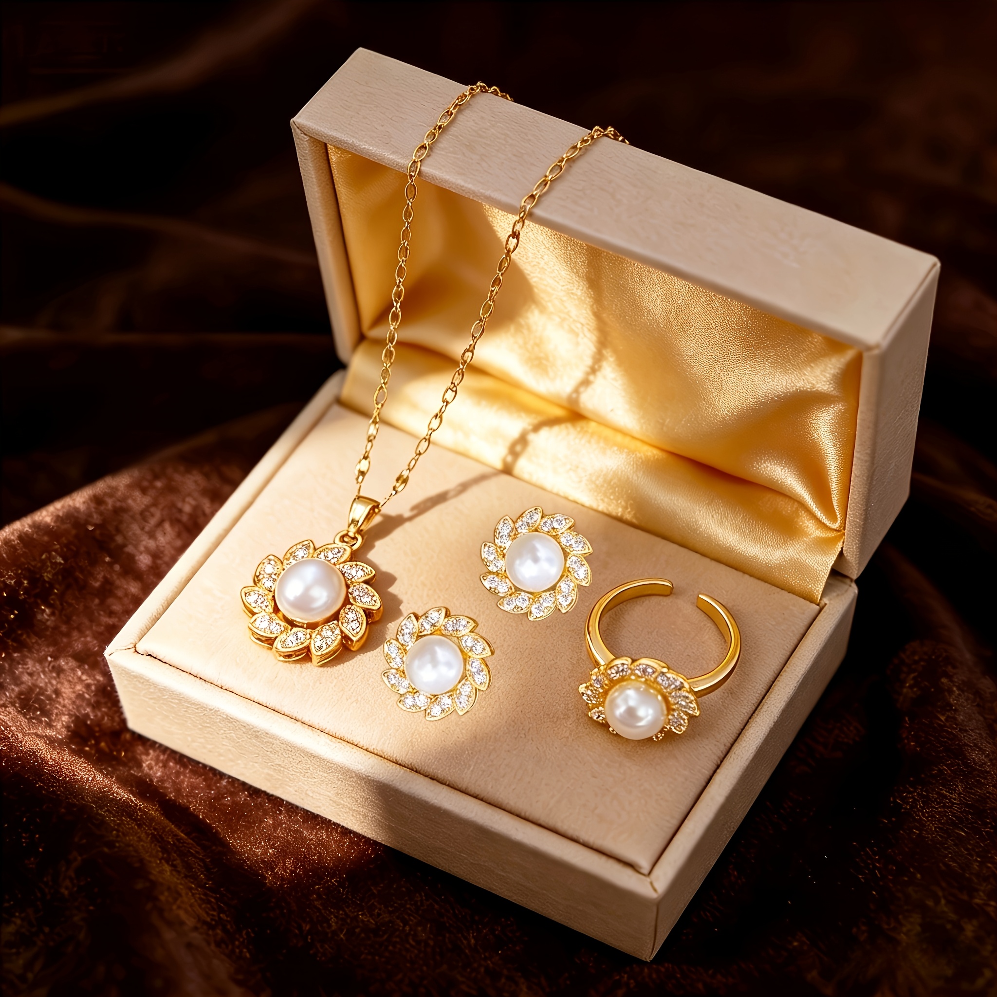 TEMU 4pcs Set 304 Stainless Steel Necklace, Stud Earrings, And Ring Set, Sunflower Flower Light Luxury High-end Elegant Accessory Set, Elegant And ,