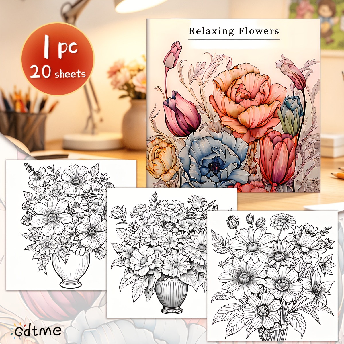 Image of Relaxing Flowers Coloring Book For Adults - Thick, High-quality Paper, 20 Pages, Single-sided Print - Ideal Gift For Christmas & Halloween