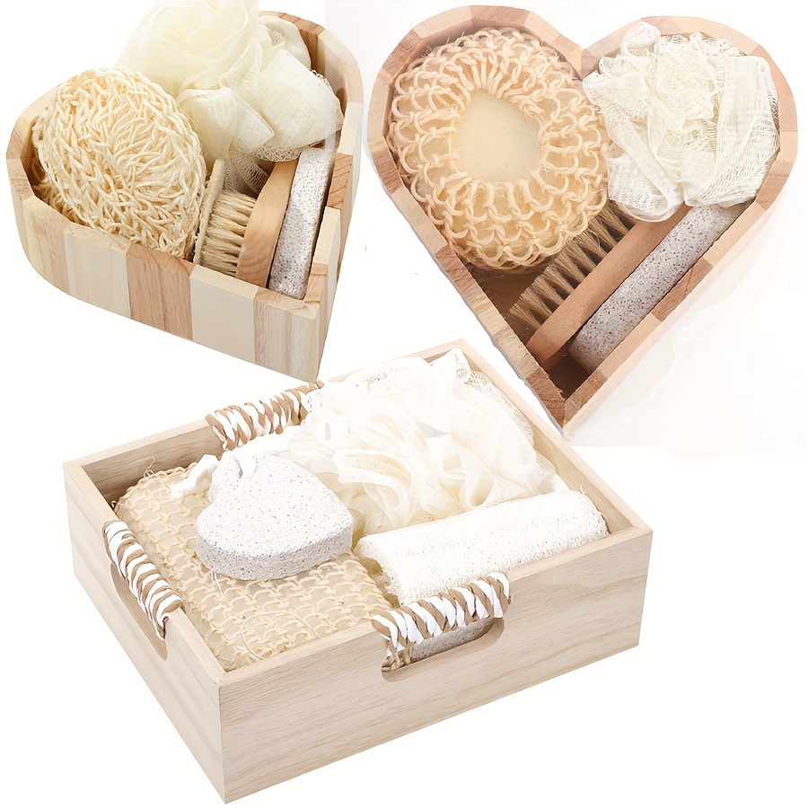 

Wooden Bath Set, Heart & Barrel-shaped Basket, Includes Loofah, Pumice Stone, Massager, And Brushes, & Body Care Kit For Home & Bathroom Decor