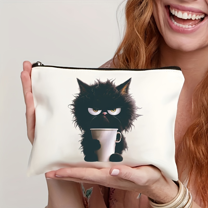 

Black Cat With Coffee Pattern Cosmetic Bag Makeup Bag, Zipper Pouch, Lightweight Makeup Organizer For Travel, Pencil Pouch, Toiletry Bag For Women And Men