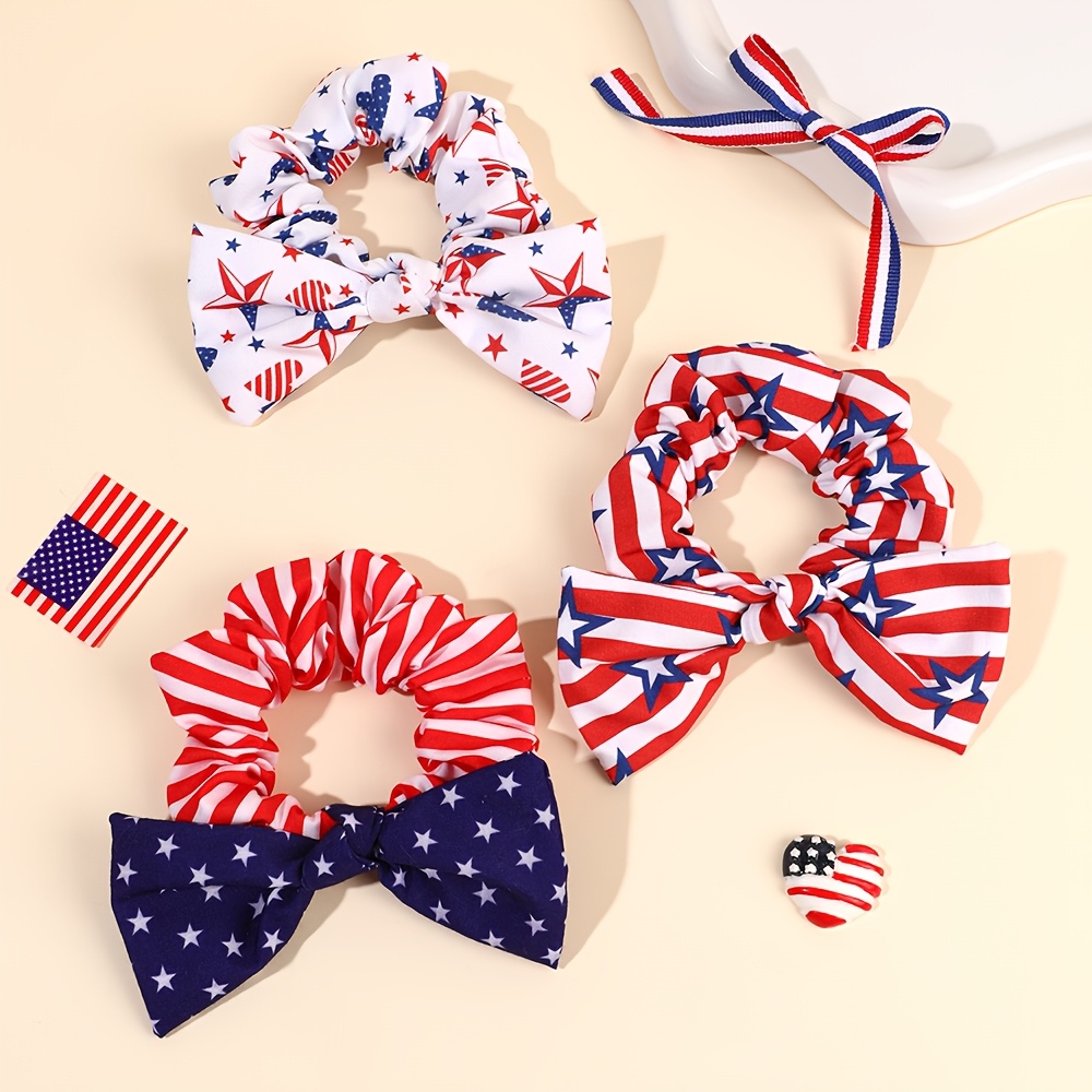 TEMU 3pcs Usa Flag Bow Scrunchies Mixed Color Ponytail Holders Patriotic Stretchy Hair Ties, Additions For Women And Daily Wear And Holiday Events