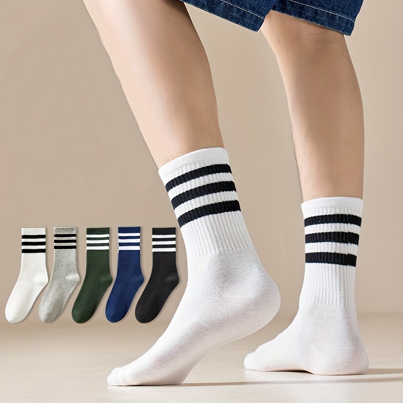 

5 Pairs Of Men's Solid Colour Striped Preppy Style Crew Socks, Comfy Breathable Casual Soft & Elastic Socks, Spring & Summer
