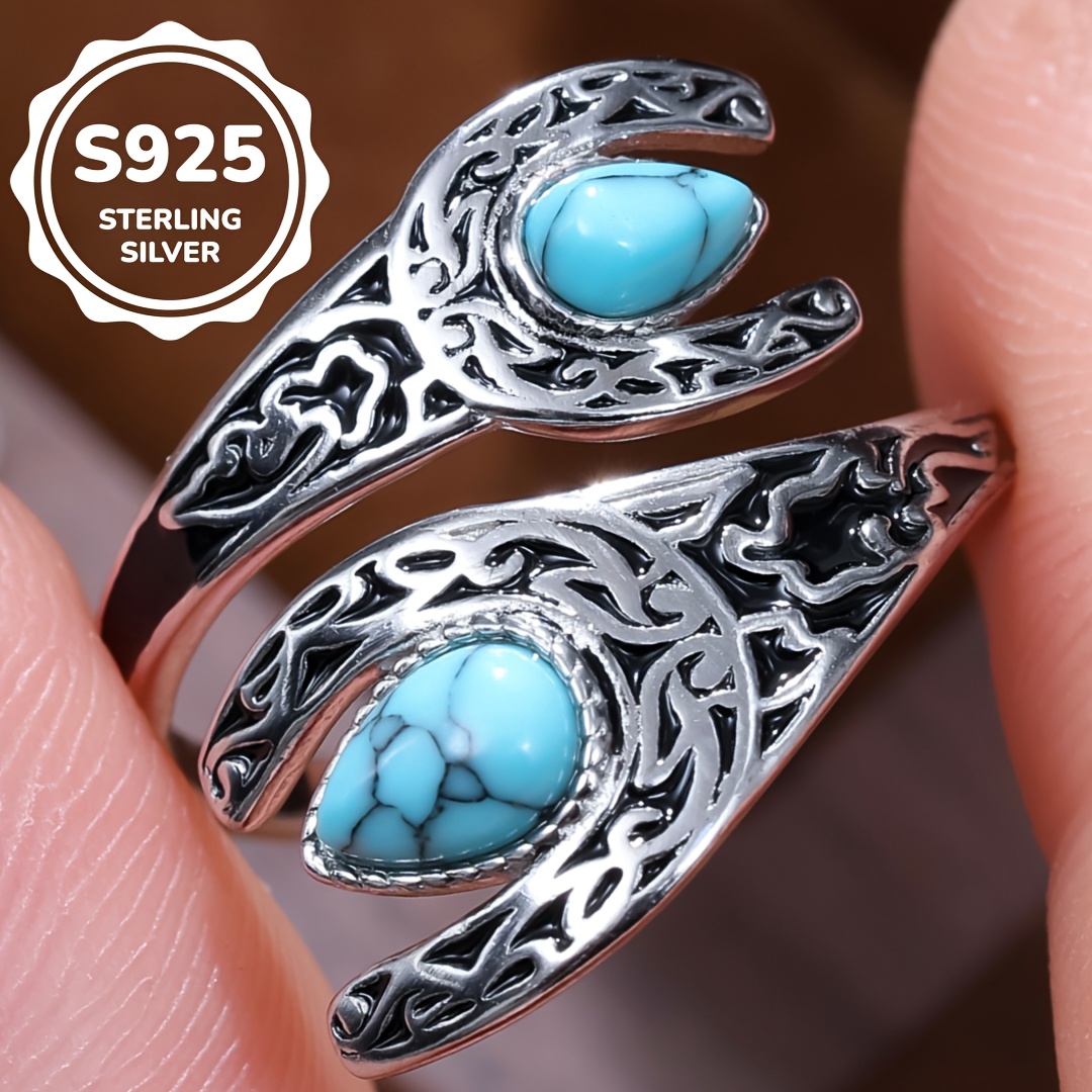 

Bague Vintage Bohème en Argent Pur S925 de 2.8g avec Turquoise Sculptée et Noircie pour Femmes