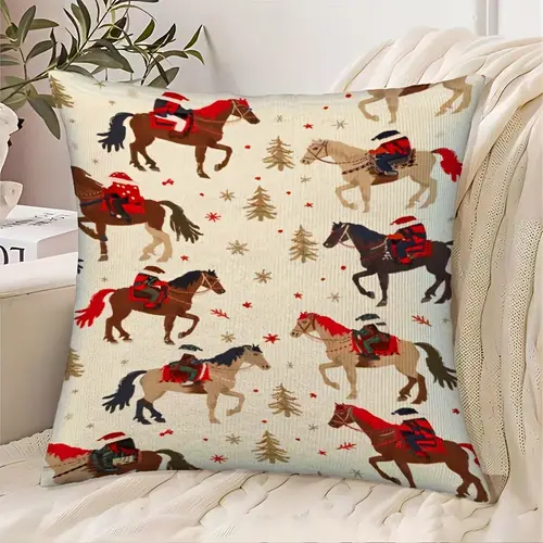 1pc Festive Christmas Horse & Snowflake Decorative Pillow Cover, 45.72x45.72 cm, Soft Polyester Short Plush, Zippered, Machine Washable - Ideal for Living Room & Bedroom Sofa Decoration, Christmas Pillow Covers
