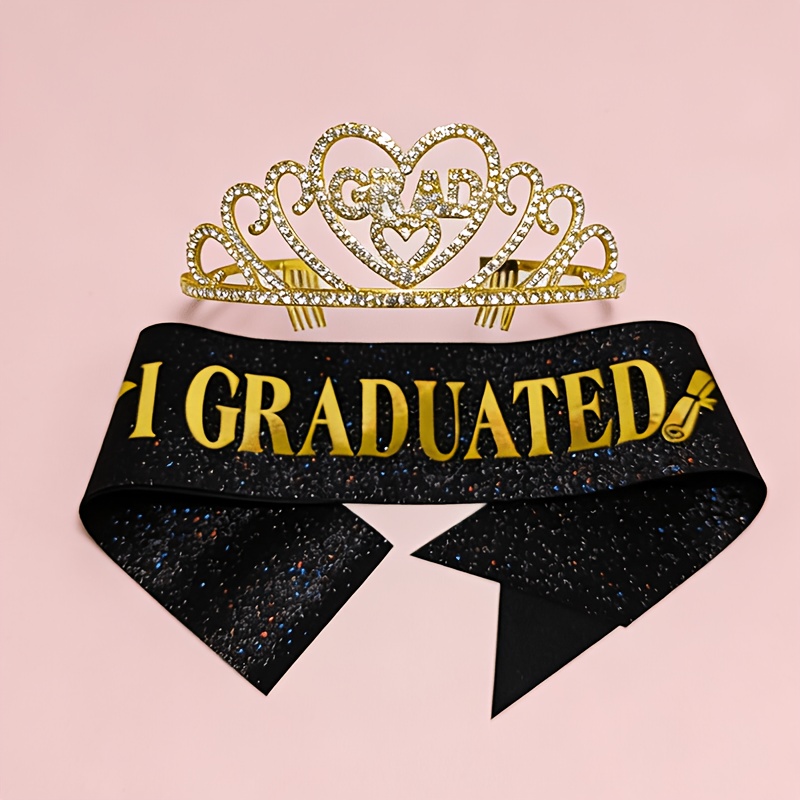 TEMU Ensemble de 2 pièces : Couronne à strass et écharpe décorative noire à motif d' pour des remises de diplômes, accessoire photo pour tenue de de