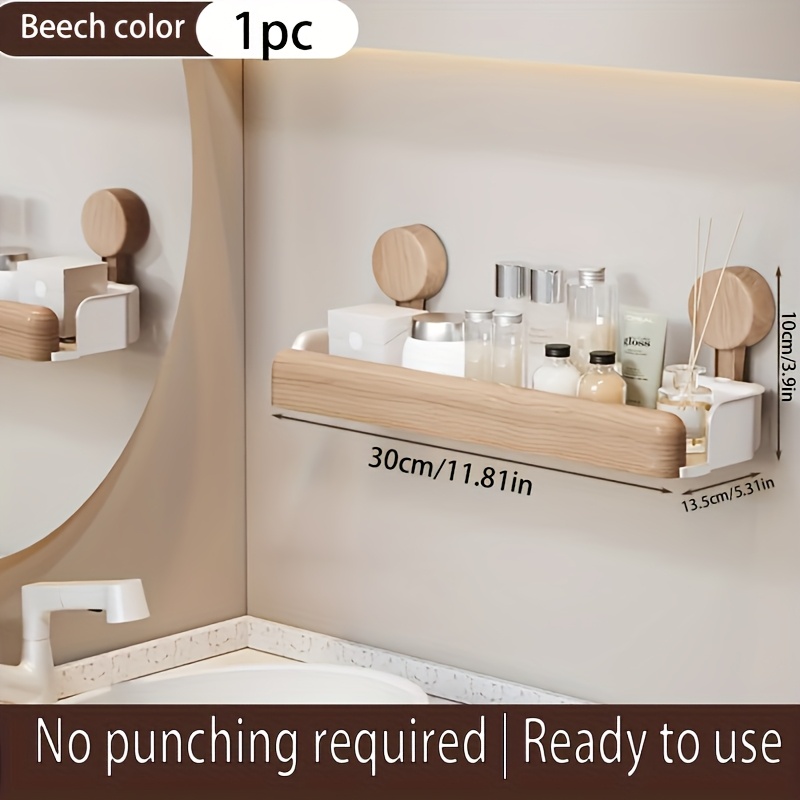 Image of Bathroom Wood Storage Rack - No-glue Cosmetic Storage Rack, Wall-mounted Hollow Shower Rack, Space, Essential Organizer For Showers In Homes, Apartments, Dormitories, And Rental